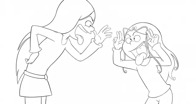 The Sisters Making Silly Faces at Each Other coloring page to print