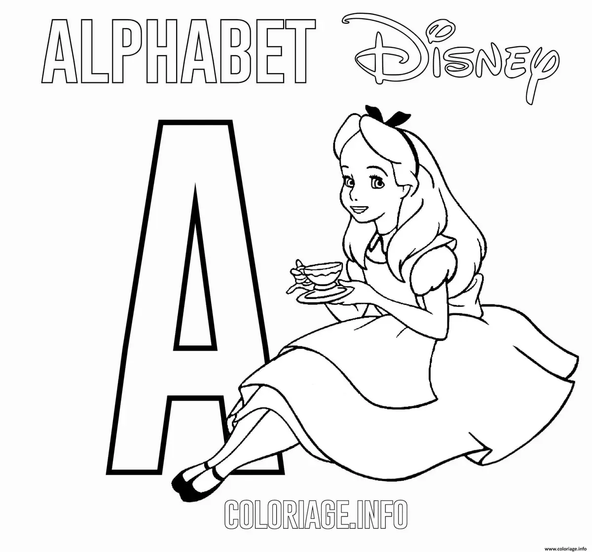 Ausmalbild Buchstabe A für Alice im Wunderland zum Ausdrucken