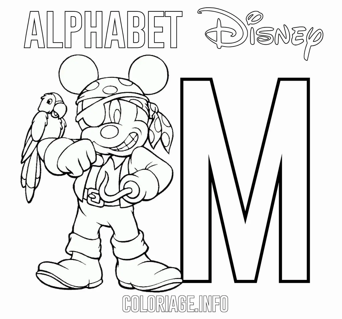 Letter M for Mickey Mouse Pirate Disney coloring page to print