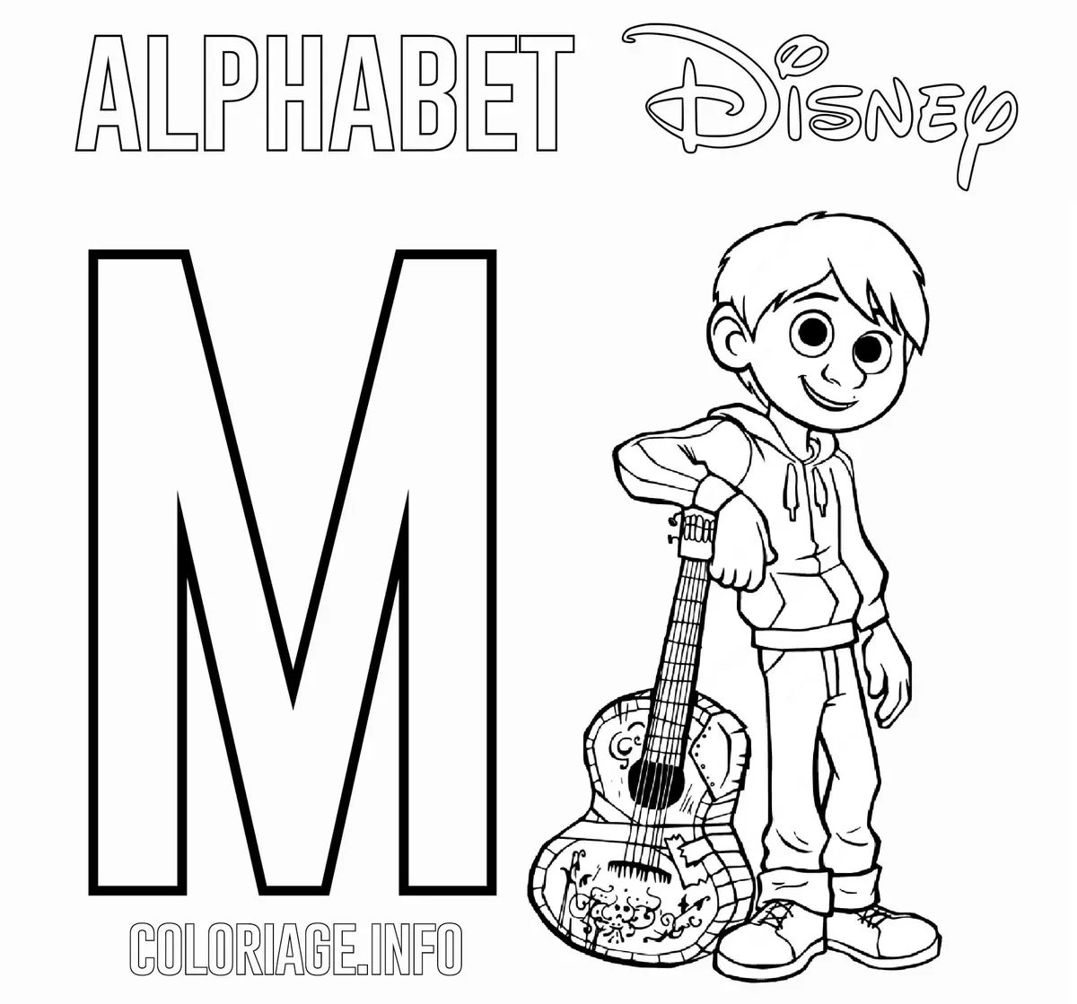 Letter M for Miguel – Disney Alphabet coloring page to print