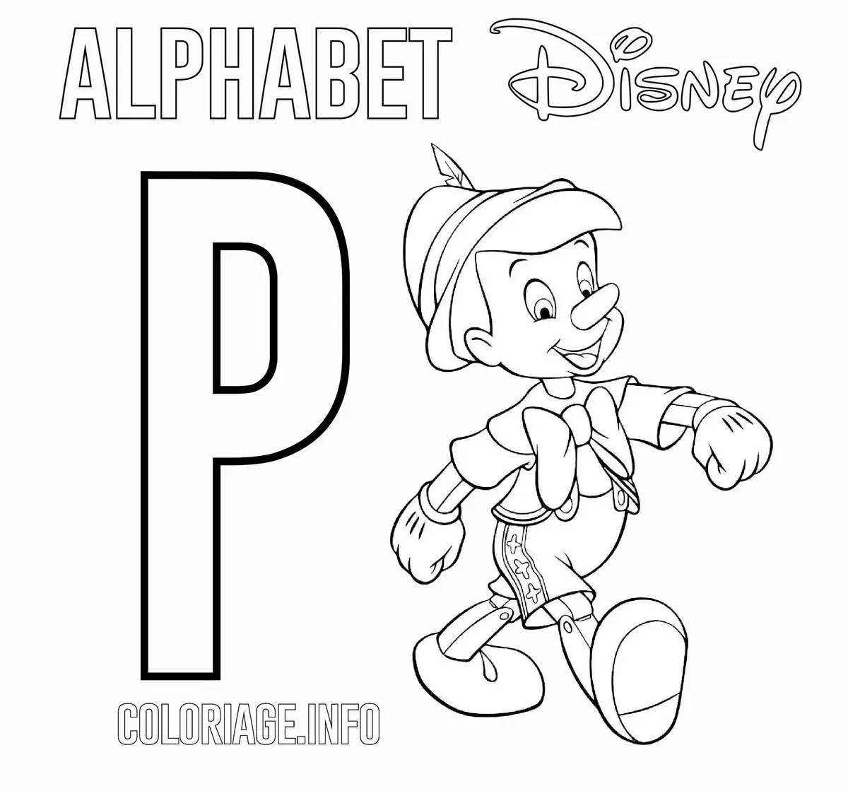 Letter P for Pinocchio Disney coloring page to print