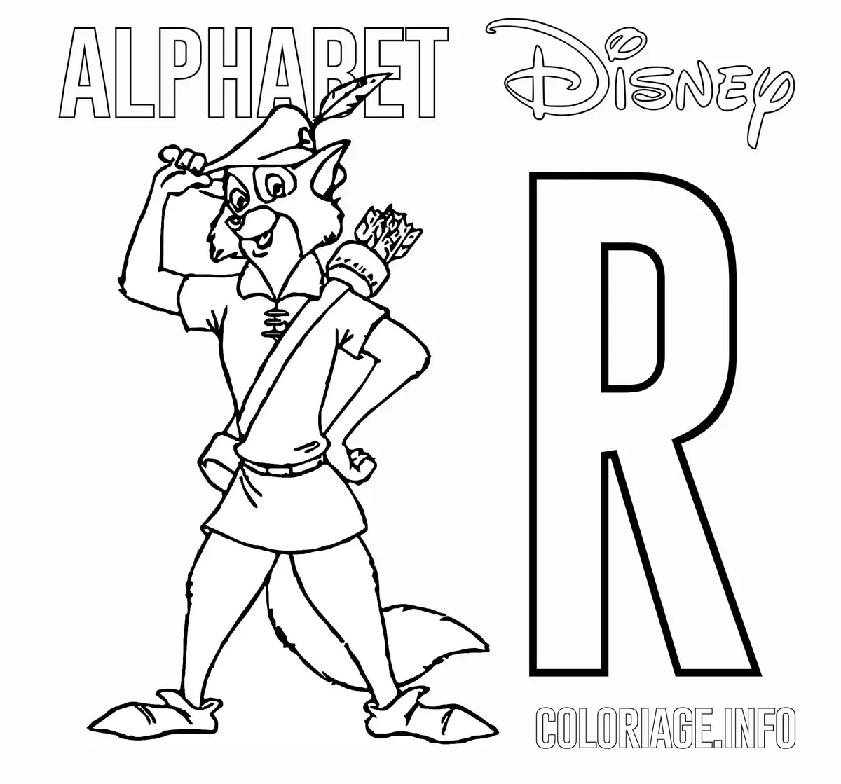 Letter R for Robin Hood coloring page to print