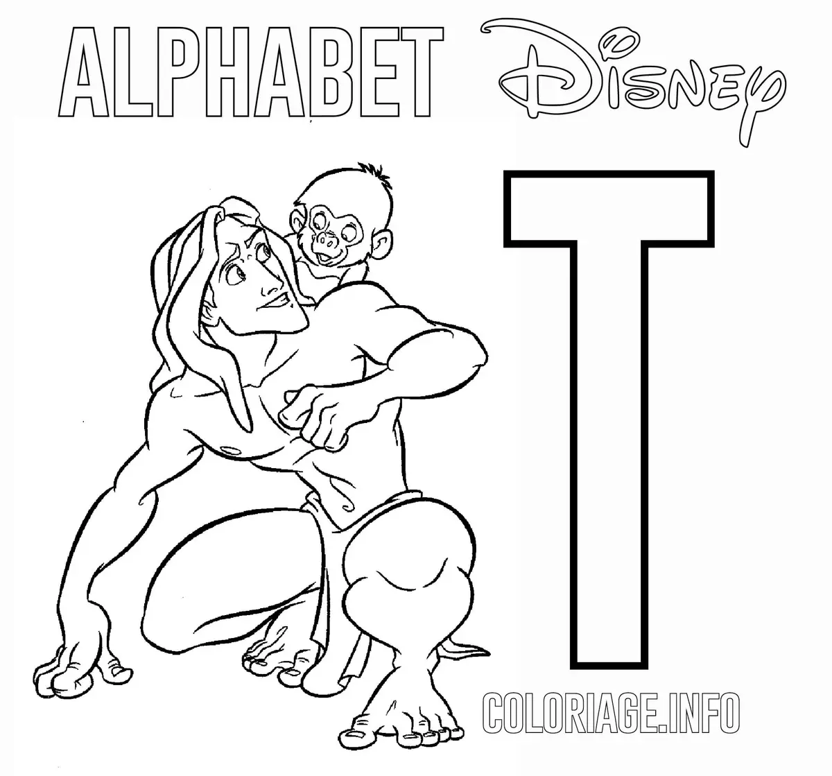 Letter T for Tarzan coloring page to print