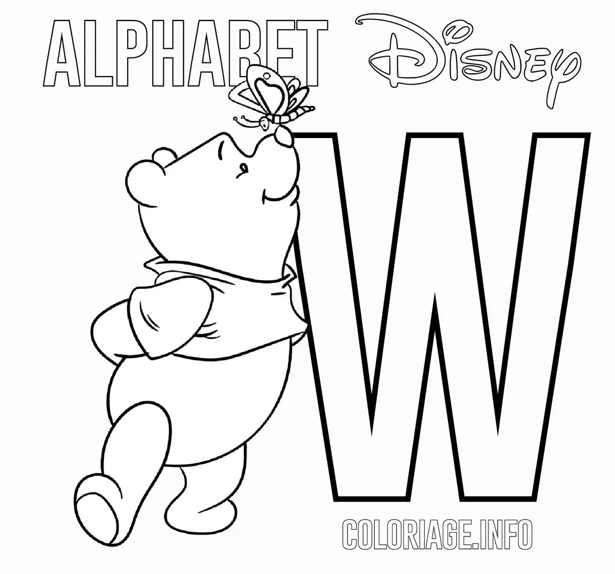 Ausmalbild Winnie Puuh – Buchstabe W des Alphabets zum Ausdrucken