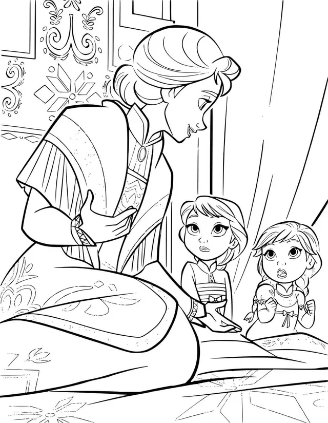 Coloriage Jeune Anna et Elsa avec Maman - La Reine des neiges 2 à imprimer