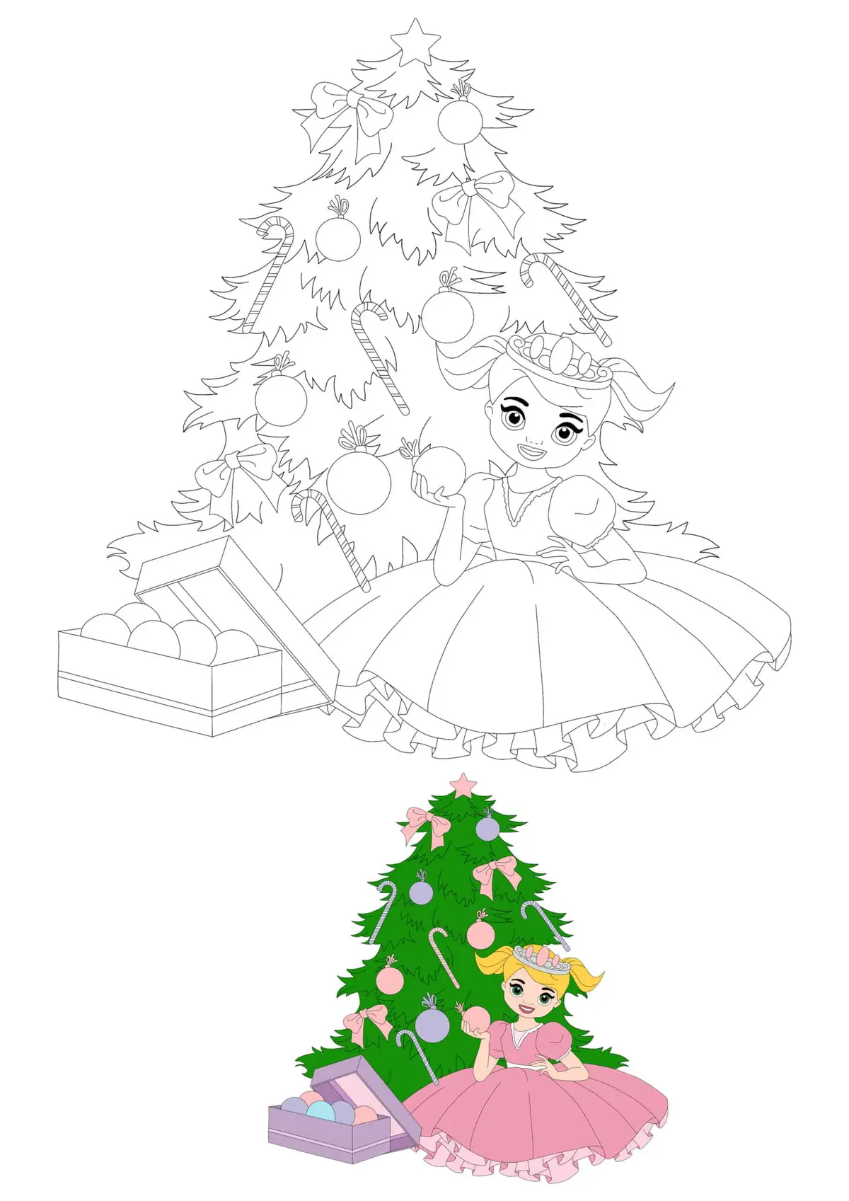 Coloriage Petite Princesse Décore Sapin Noël - Princesse à imprimer