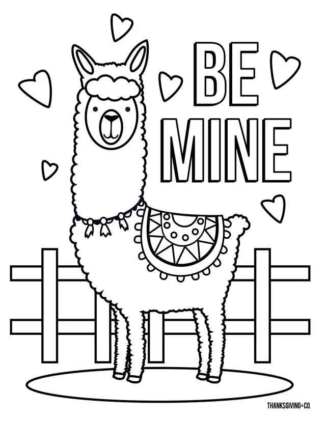 Coloriage Llama Be Mine Love - Saint-Valentin à imprimer