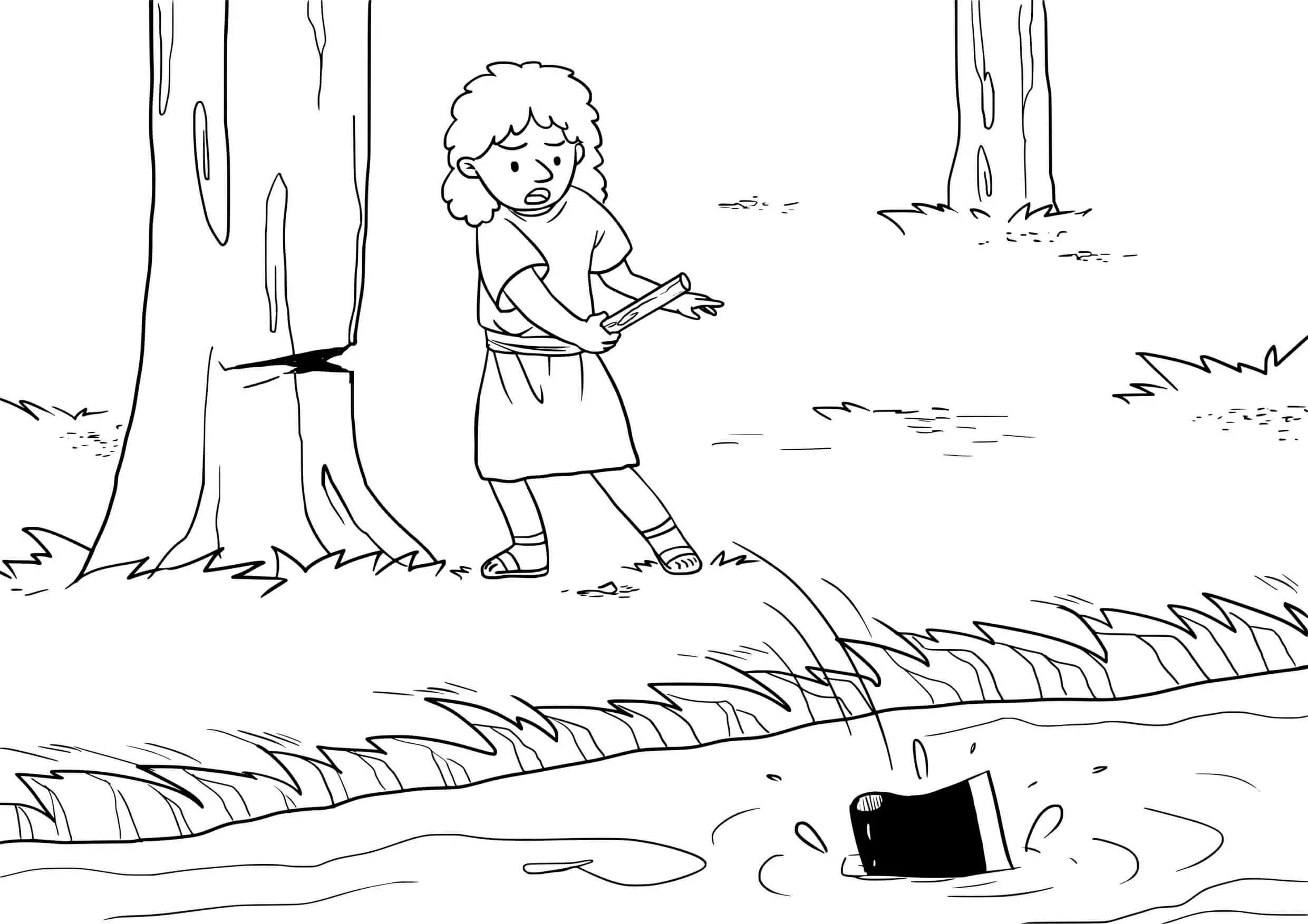 Coloriage Miracle biblique : la hache flottant sur l'eau - Jésus à imprimer