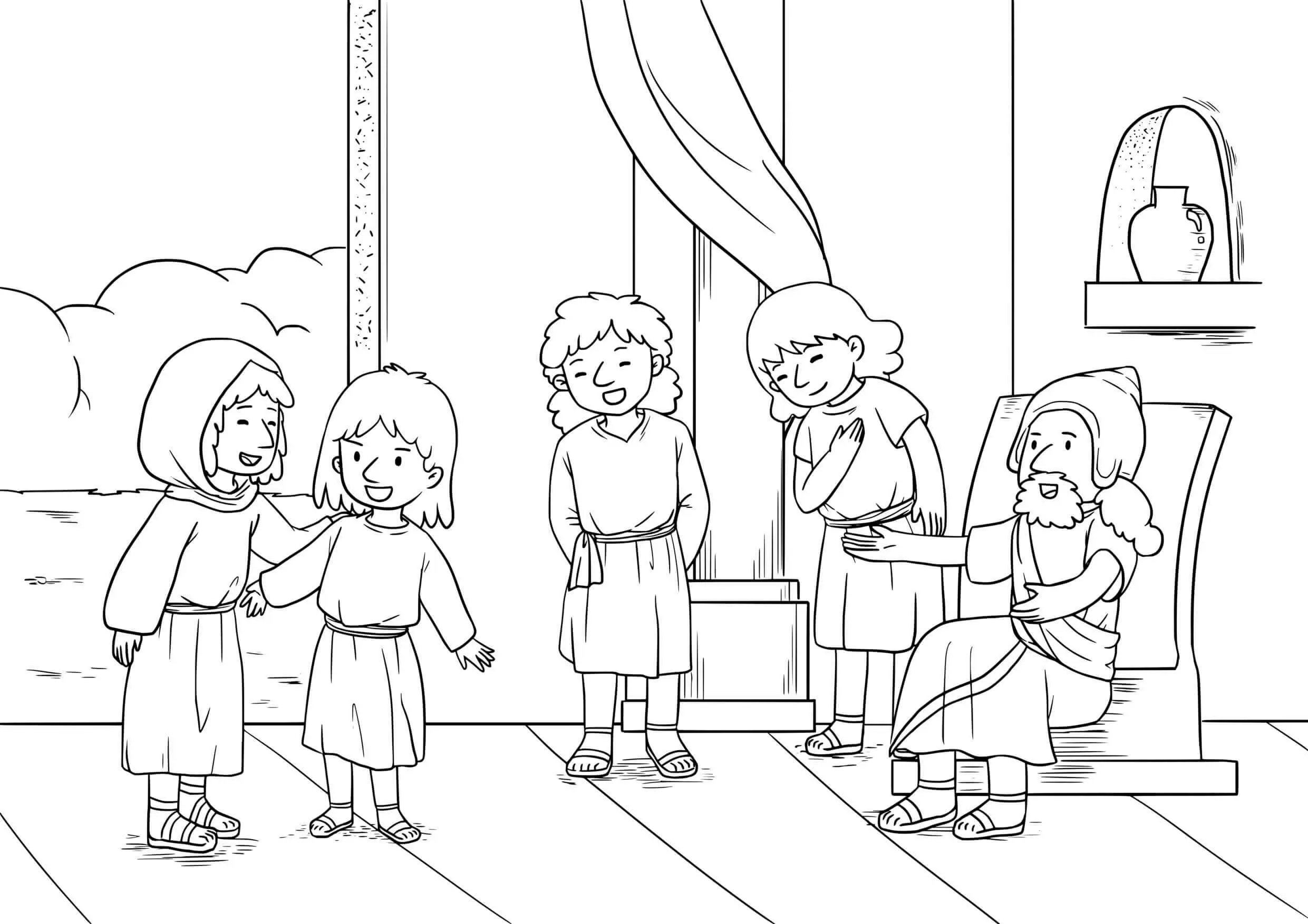 Coloriage Rois mages et trésor perdu en scène sacrée - Jésus à imprimer
