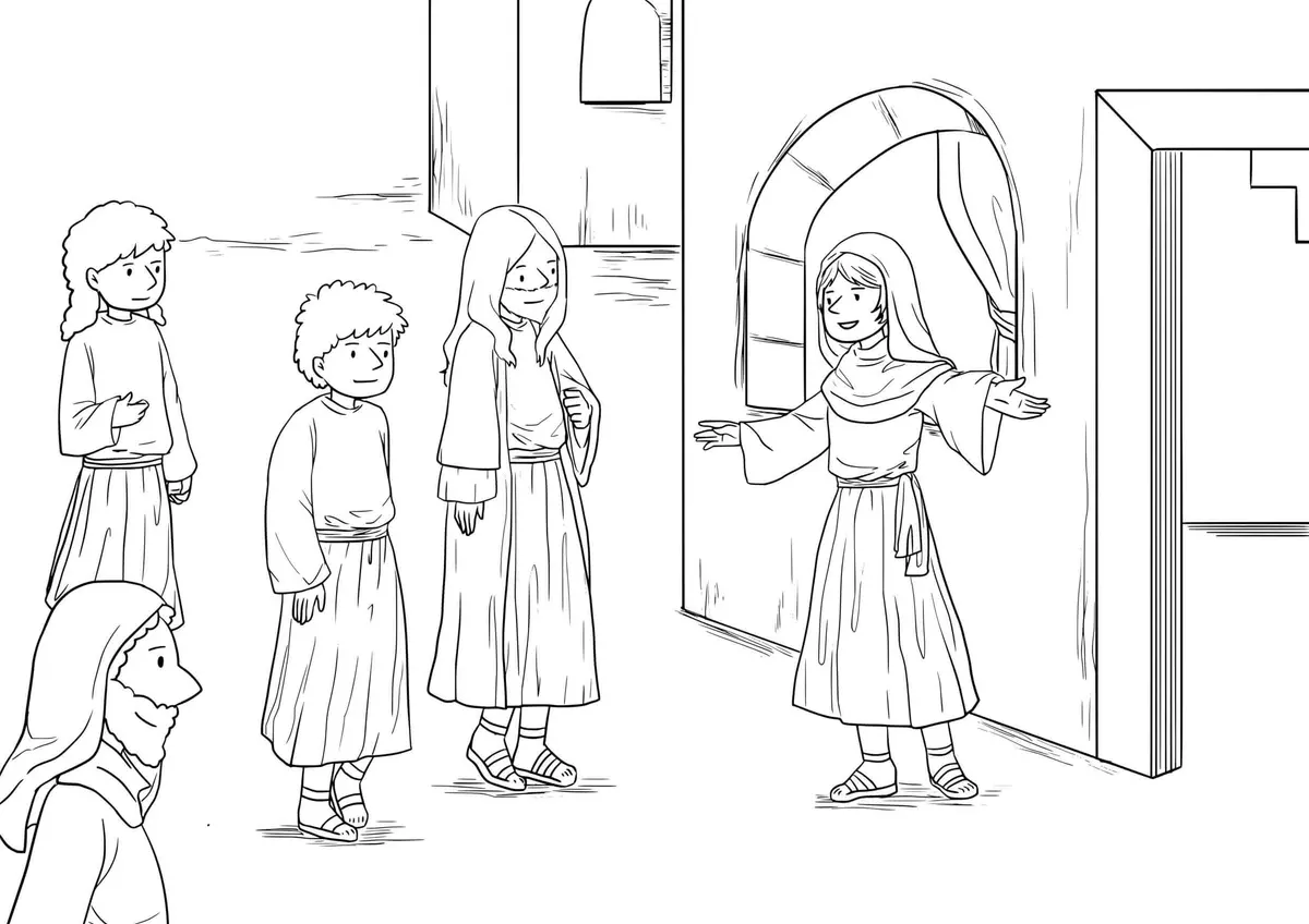 Ausmalbild Marta und Maria hören der Lehre Jesu zu zum Ausdrucken