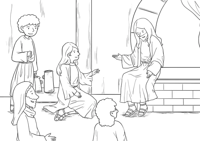 Coloriage Marthe et Marie en moment de grâce - Jésus à imprimer