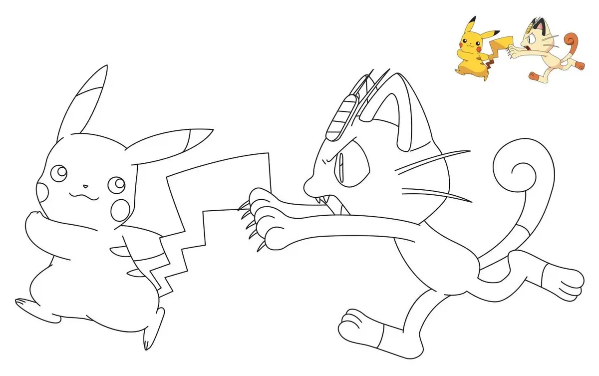 Meowth Chasing Pikachu coloring page to print