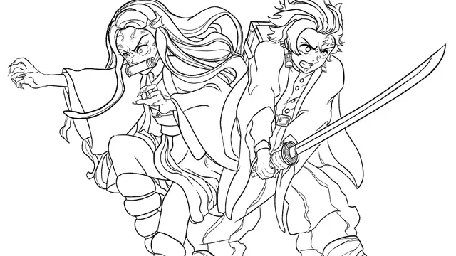 Nezuko and Tanjiro Fight Demons – Demon Slayer coloring page to print