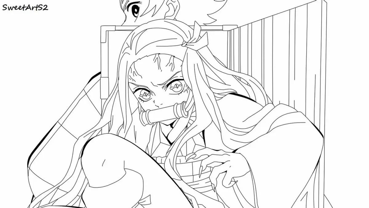 Kleurplaat Nezuko in de Kimetsu-doos om te printen