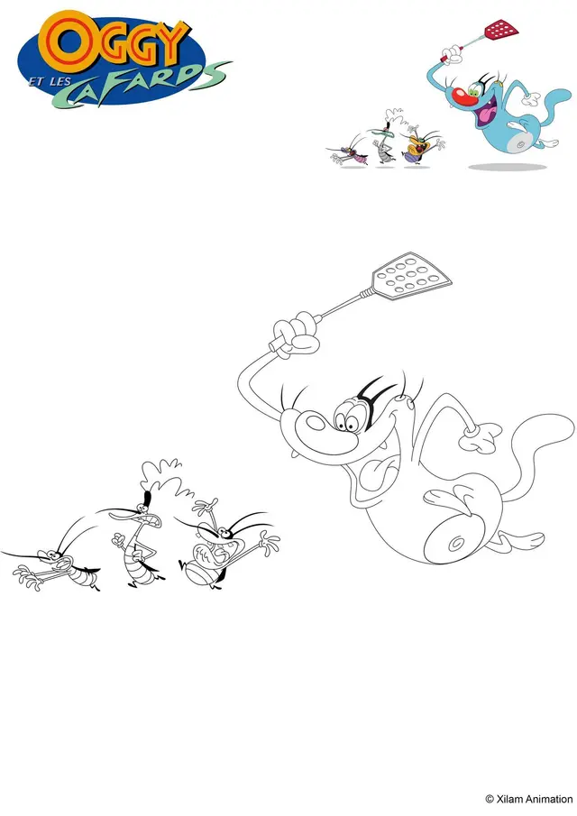 Coloriage Oggy Poursuit Les Cafards - Gulli à imprimer