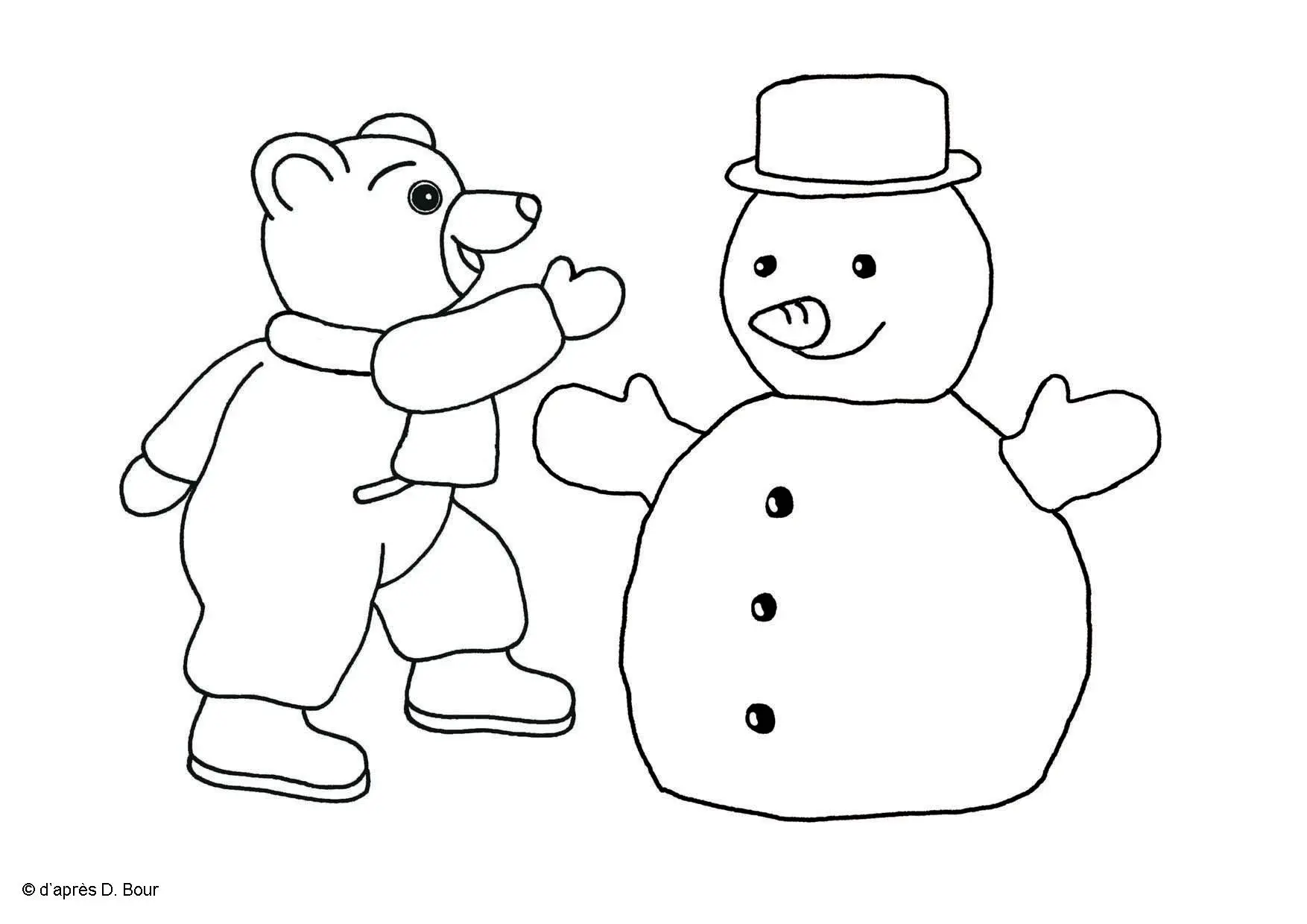 Coloriage Petit Ours Brun construit un bonhomme de neige - Petit ours brun à imprimer