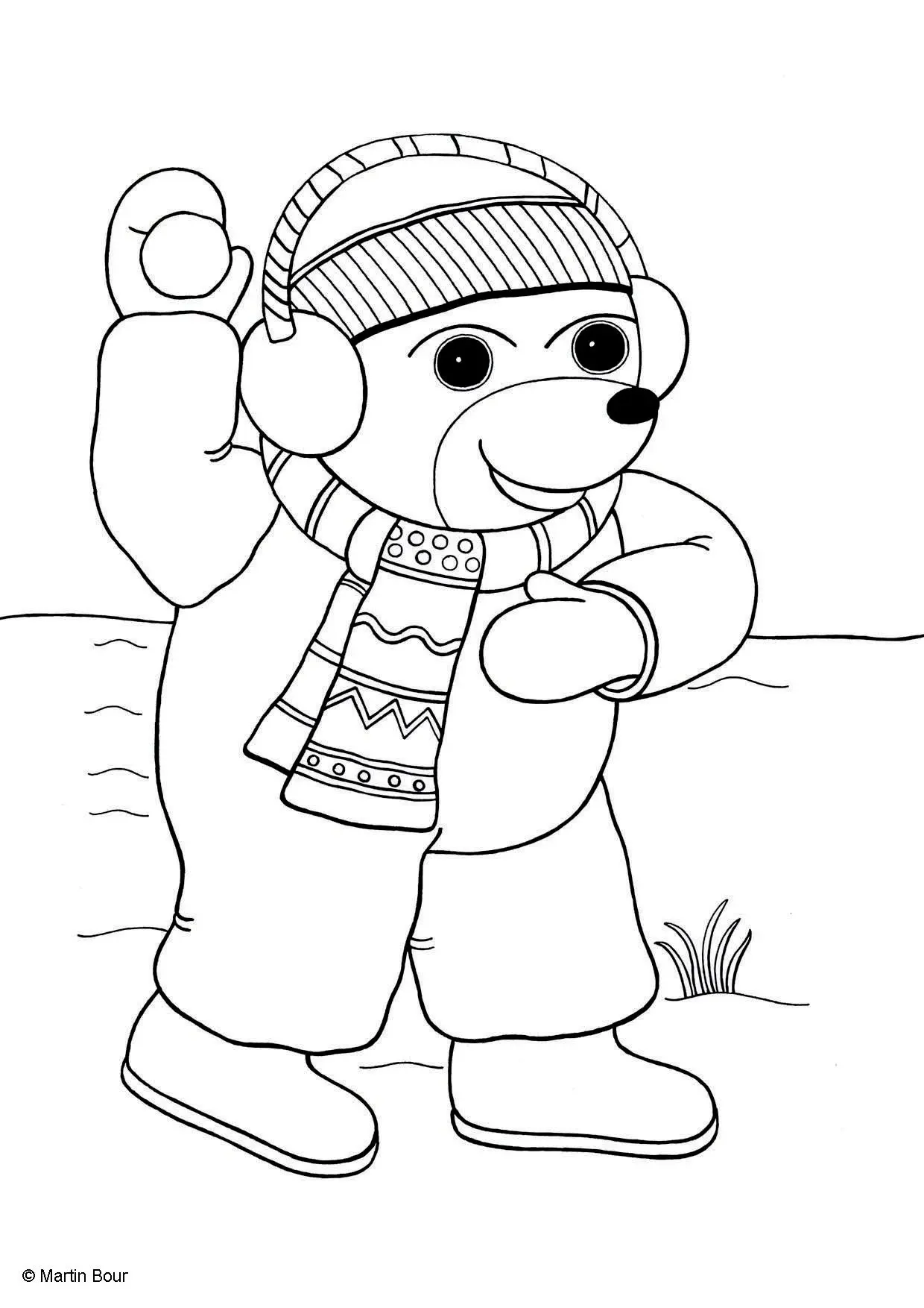 Coloriage Petit Ours Brun lance une boule de neige - Petit ours brun à imprimer