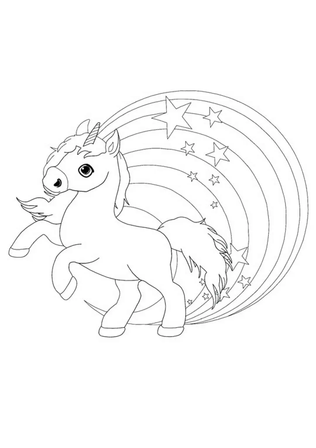 Ausmalbild Süßes kleines Einhorn mit Regenbogen zum Ausdrucken