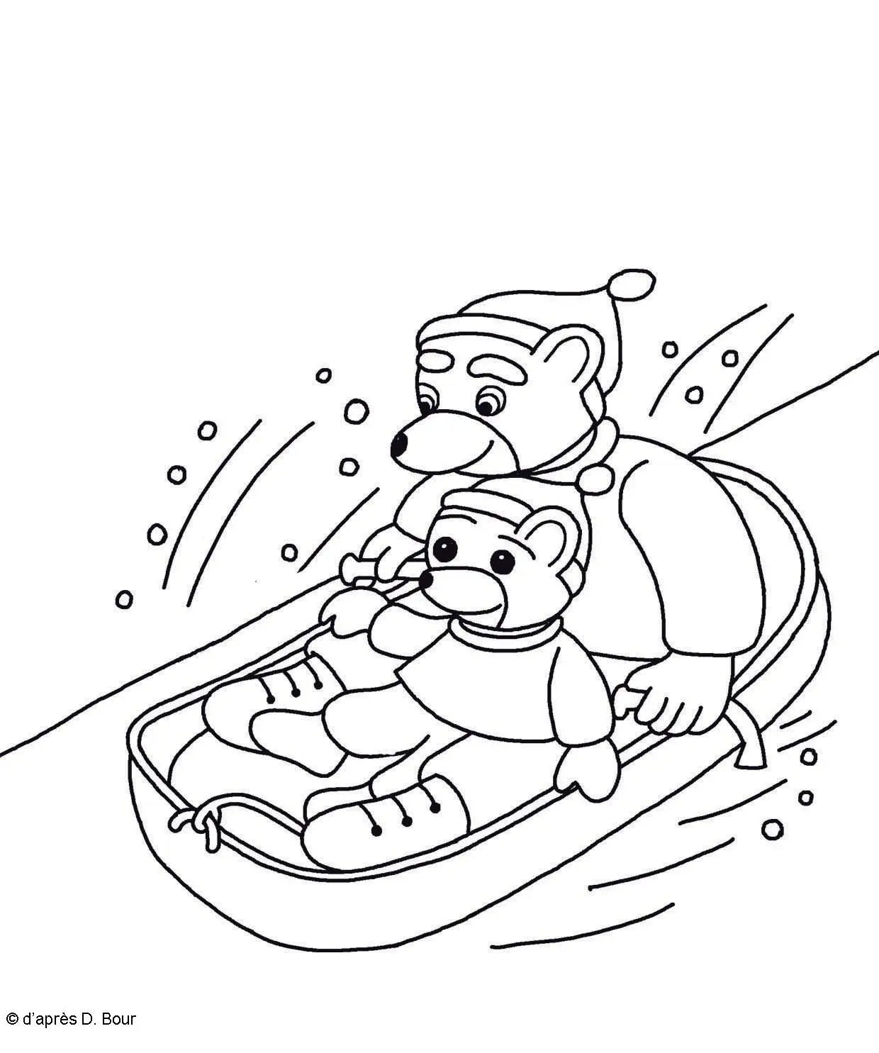 Coloriage Petit Ours Brun dévale la pente en luge - Petit ours brun à imprimer