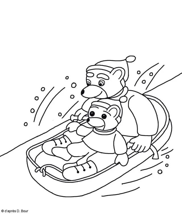 Coloriage Petit Ours Brun dévale la pente en luge - Petit ours brun à imprimer