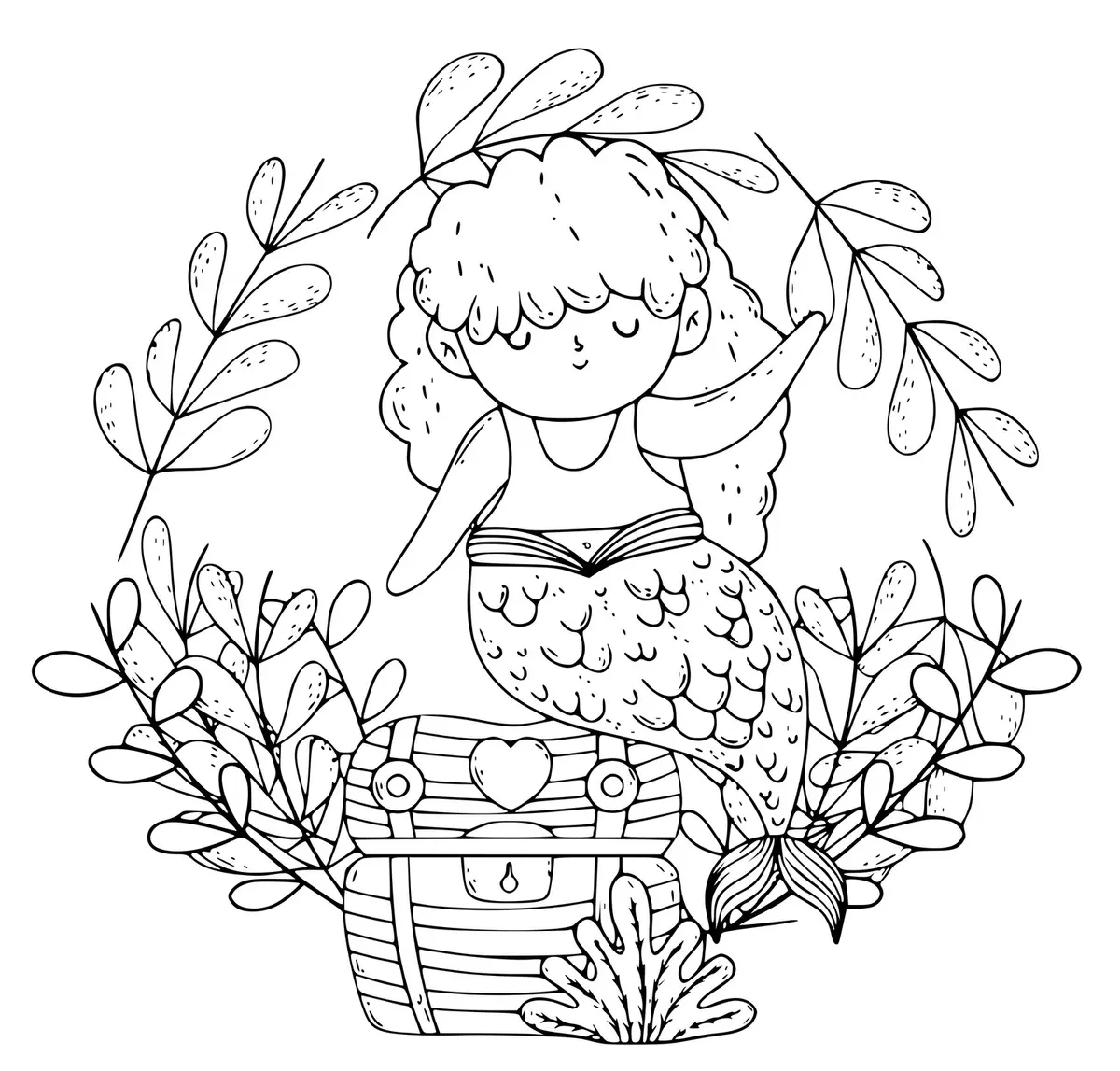 Coloriage Petite Sirène Avec Un Coffre Au Trésor - Sirène à imprimer
