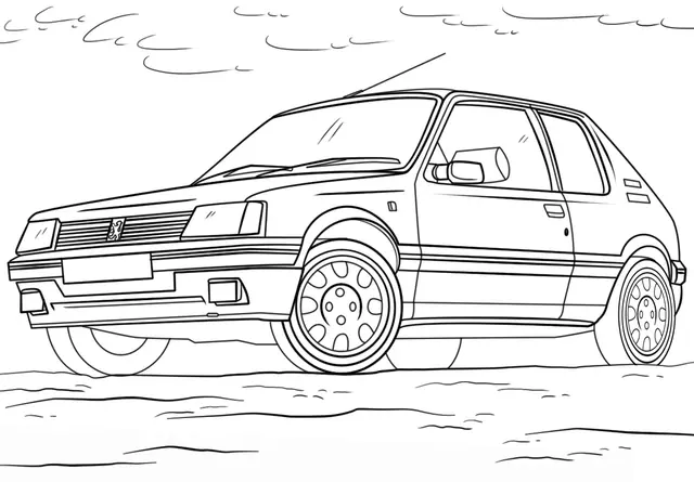 Coloriage Peugeot 205 sportive en pleine route - Voiture à imprimer