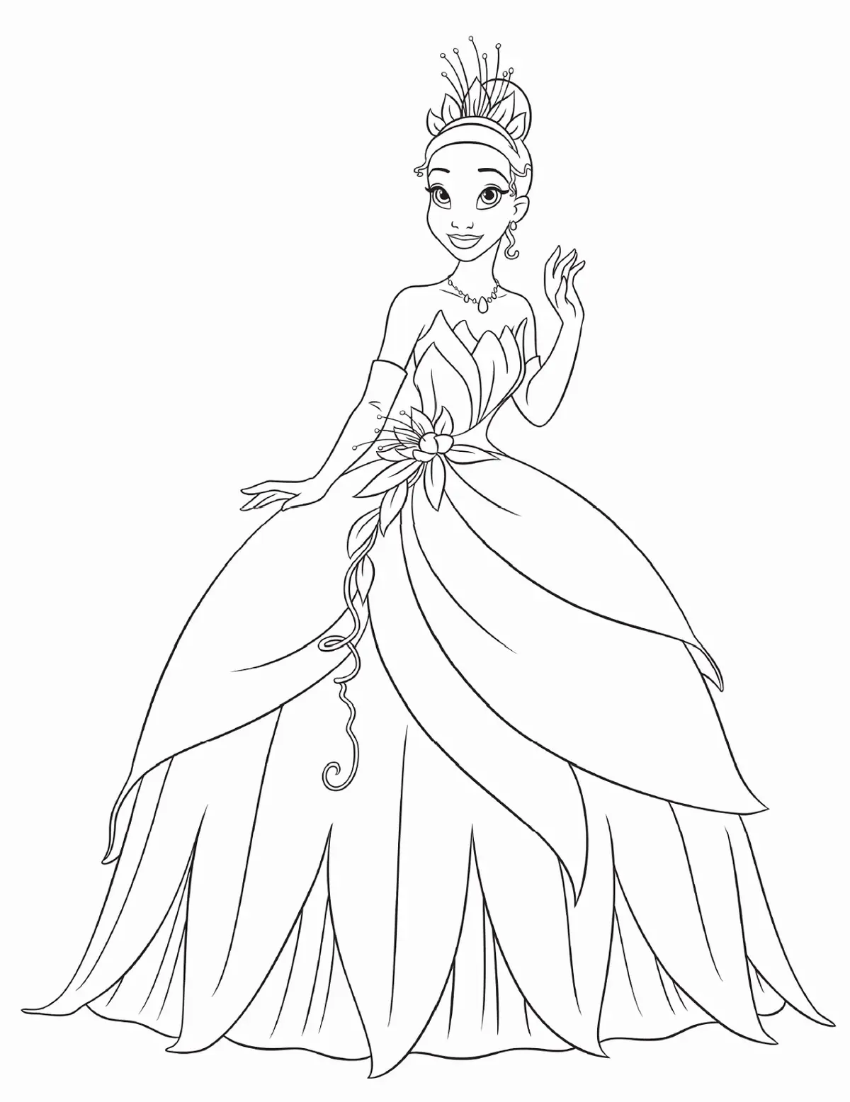 Coloriage Princesse Tiana dans sa robe de bal - Princesse à imprimer