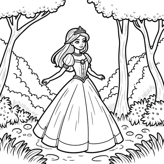 Ausmalbild Prinzessin auf einem magischen Spaziergang zum Ausdrucken