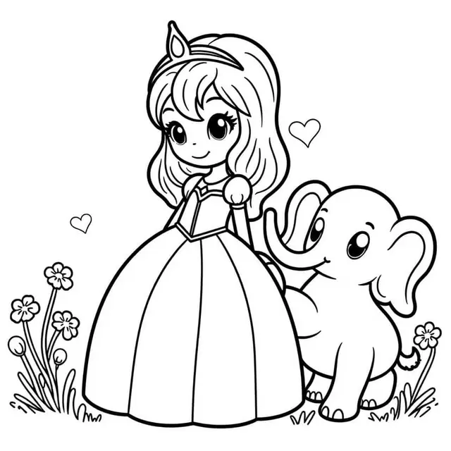 Ausmalbild Prinzessin und ihr Elefantenfreund zum Ausdrucken