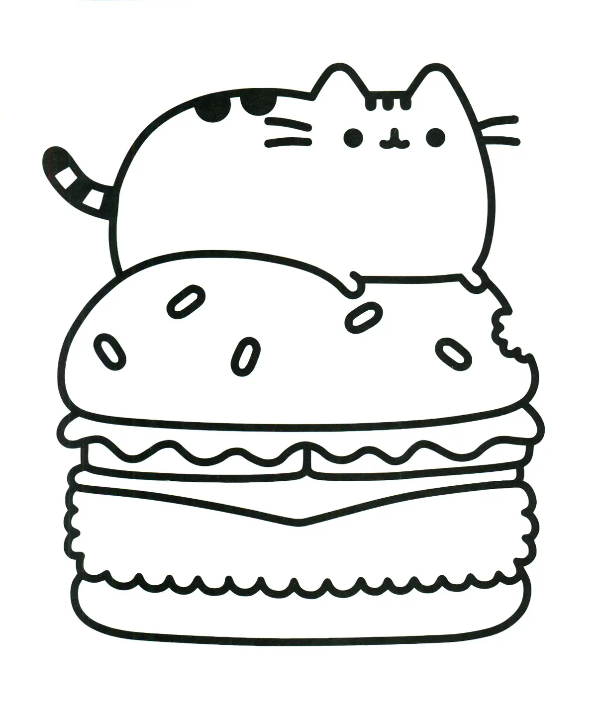 Ausmalbild Pusheen mit Hamburger zum Ausdrucken