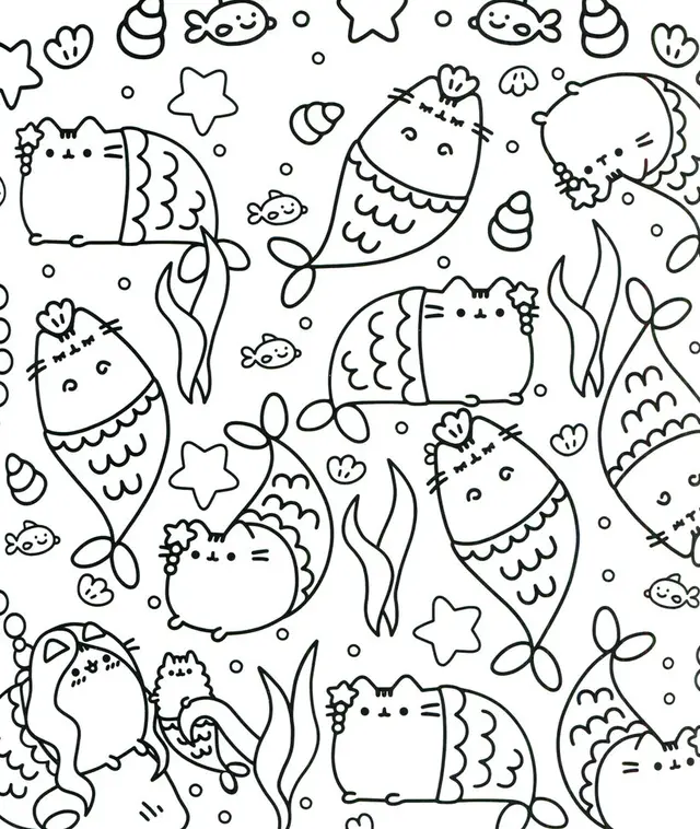 Pusheen Mermaid Pattern for Adults coloring page to print