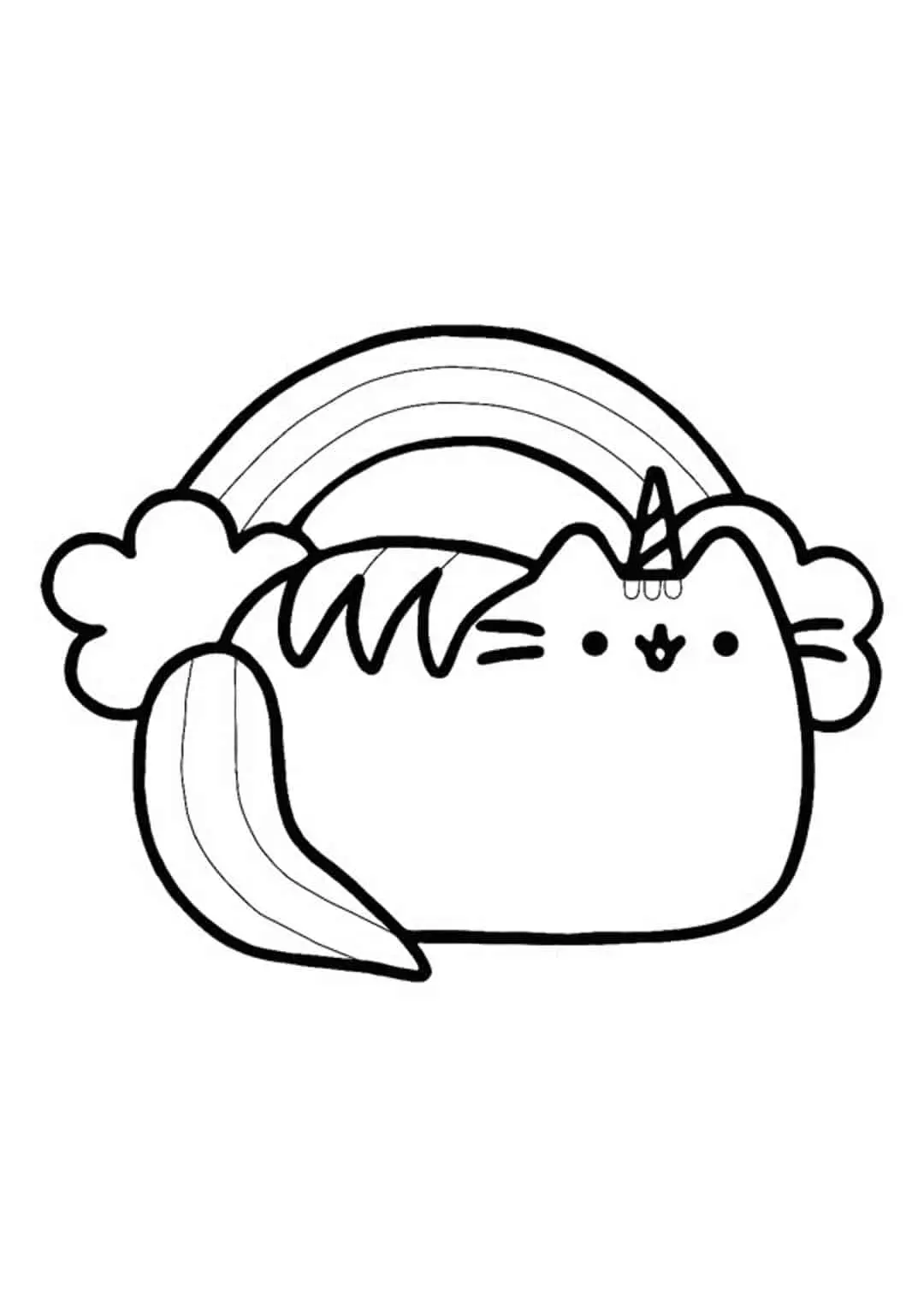 Ausmalbild Pusheen Einhorn mit Regenbogen zum Ausdrucken