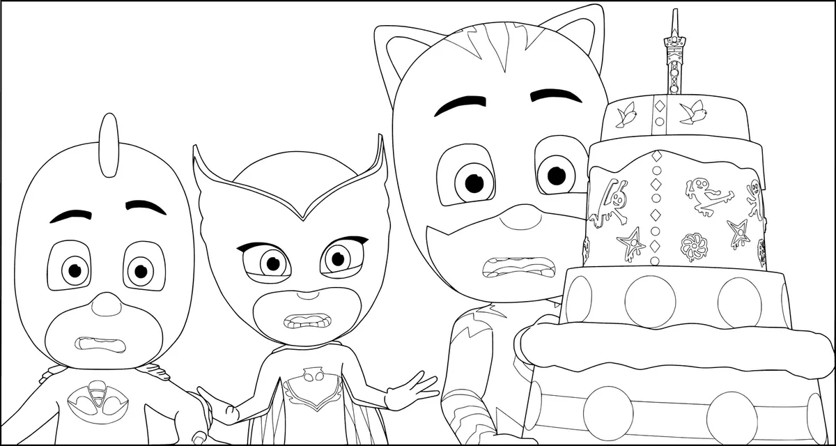 Kleurplaat Verjaardagstaart PJ Masks om te printen