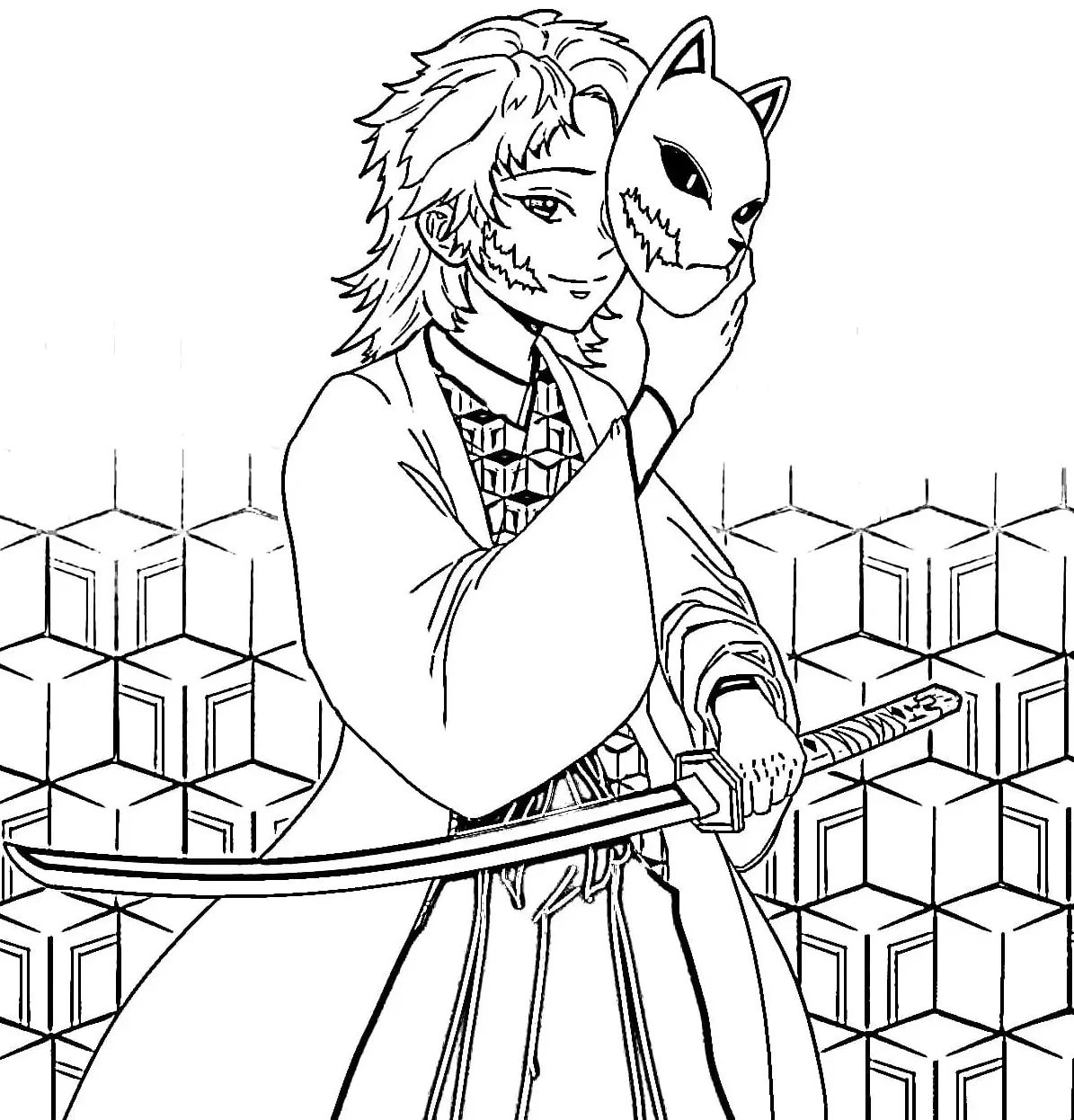 Disegno di Sabito con la maschera di Demon Slayer da stampare