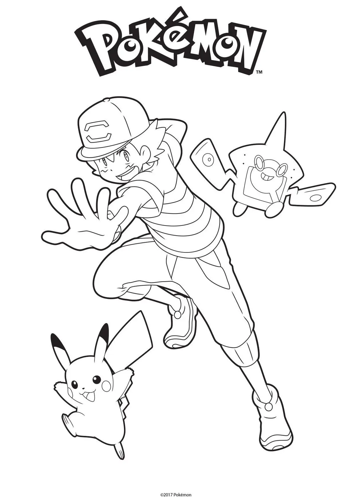 Ash, Pikachu, and Rotom Dex coloring page to print