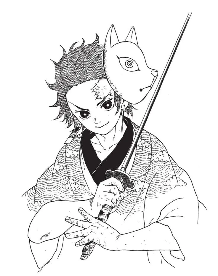 Disegno di Tanjiro con maschera e katana – Demon Slayer da stampare