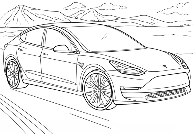Coloriage Tesla Model 3 sur route déserte - Voiture à imprimer