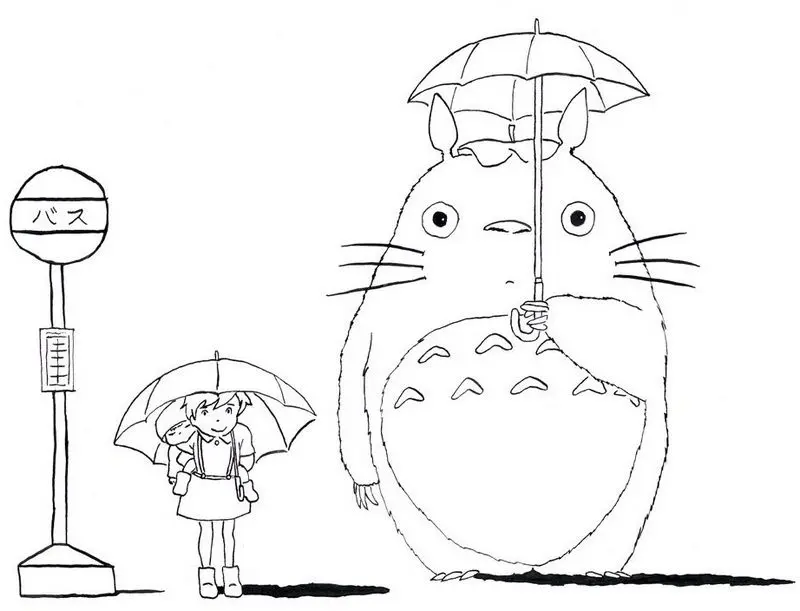 Coloriage Tororo Attend Le Bus - Totoro à imprimer