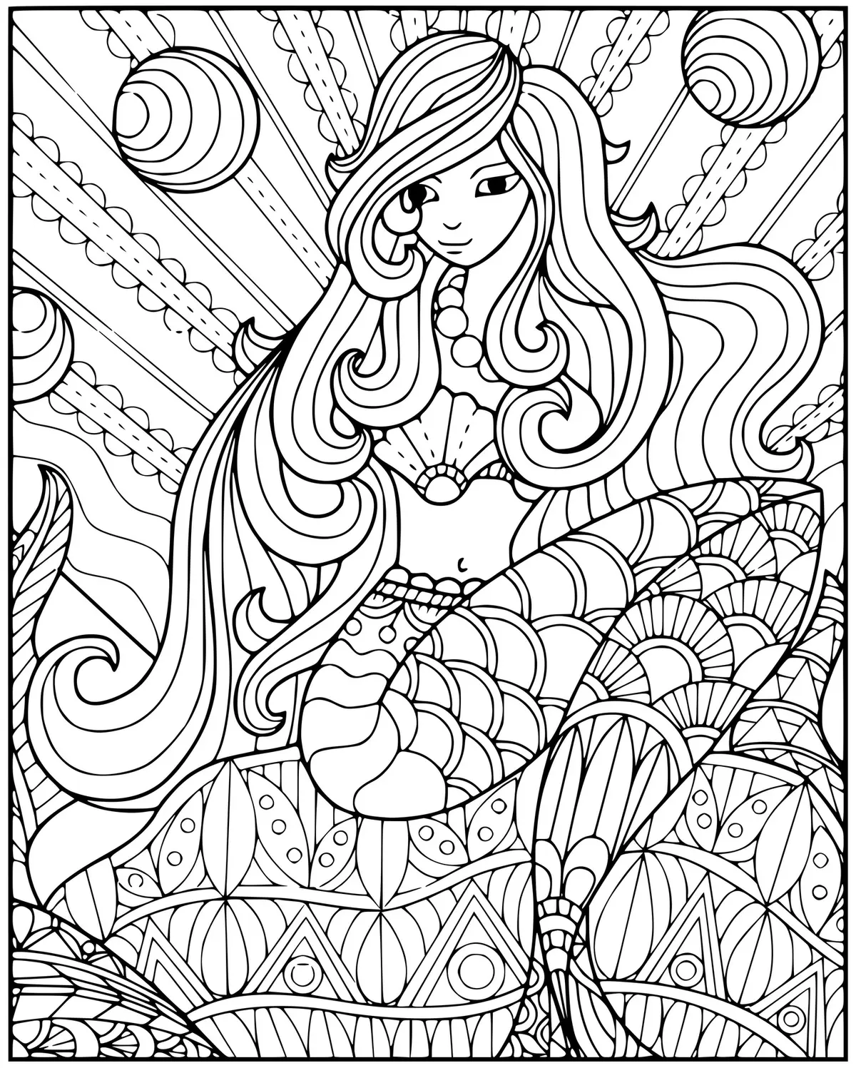 Coloriage Une Charmante Sirène Avec De Nombreux Motifs - Sirène à imprimer