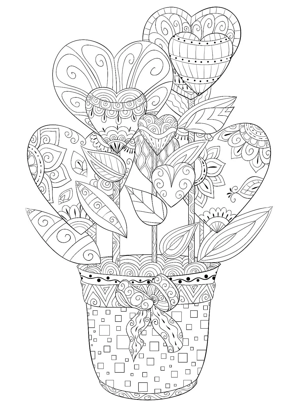 Coloriage Valentines Day Hearts Flowers For Adult - Saint-Valentin à imprimer
