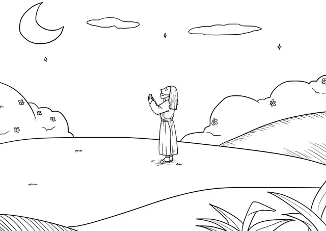 Coloriage Une femme admirant le ciel nocturne - Jésus à imprimer