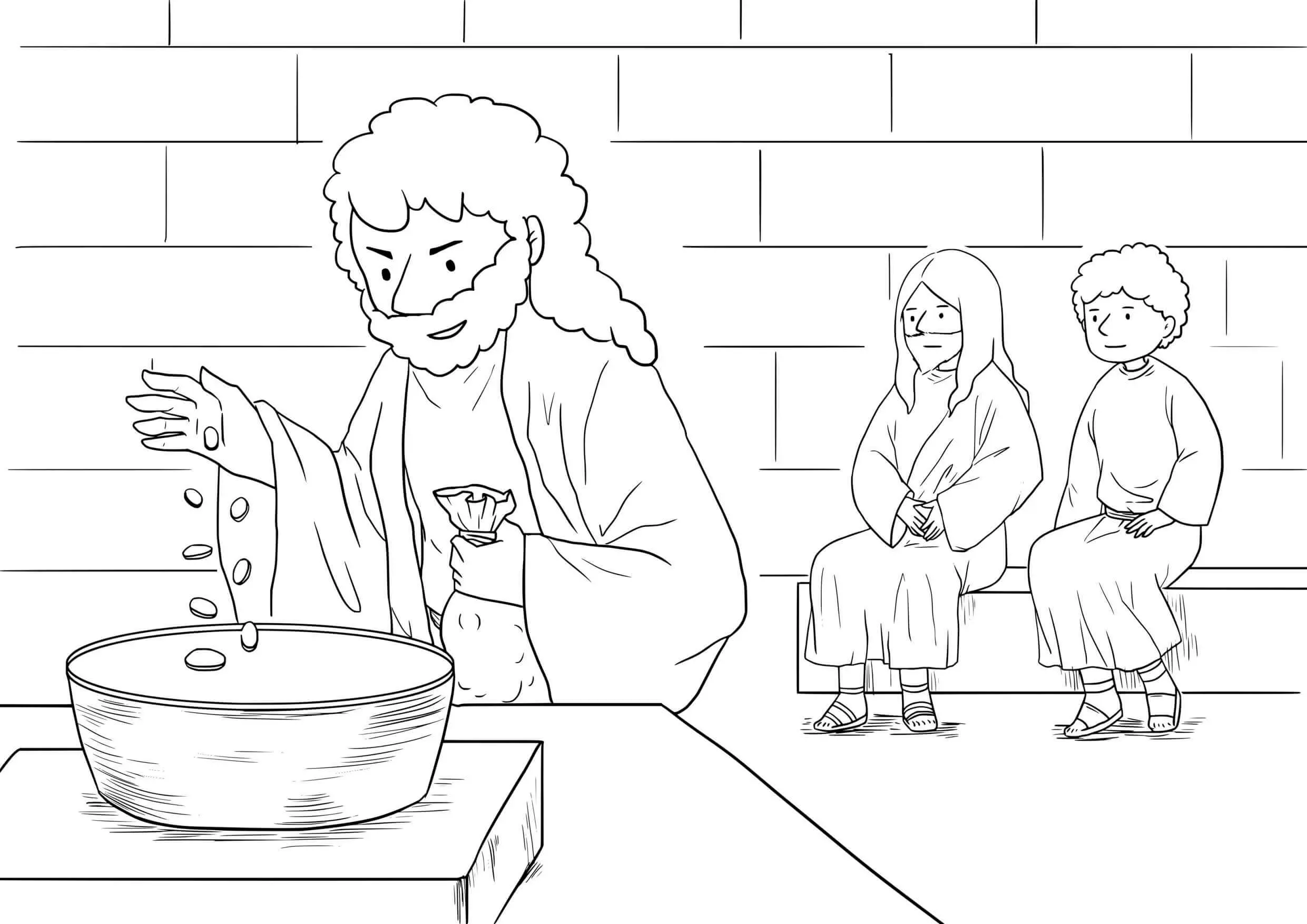 Coloriage La veuve et son obole - Générosité du cœur - Jésus à imprimer