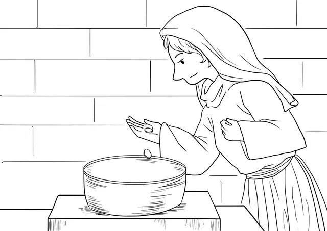Coloriage La Veuve et son offrande au temple sacré - Jésus à imprimer