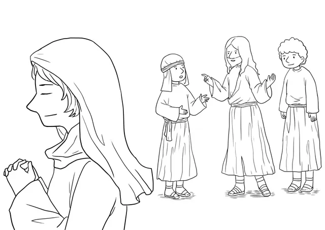 Coloriage Scène biblique de charité et de foi - Jésus à imprimer