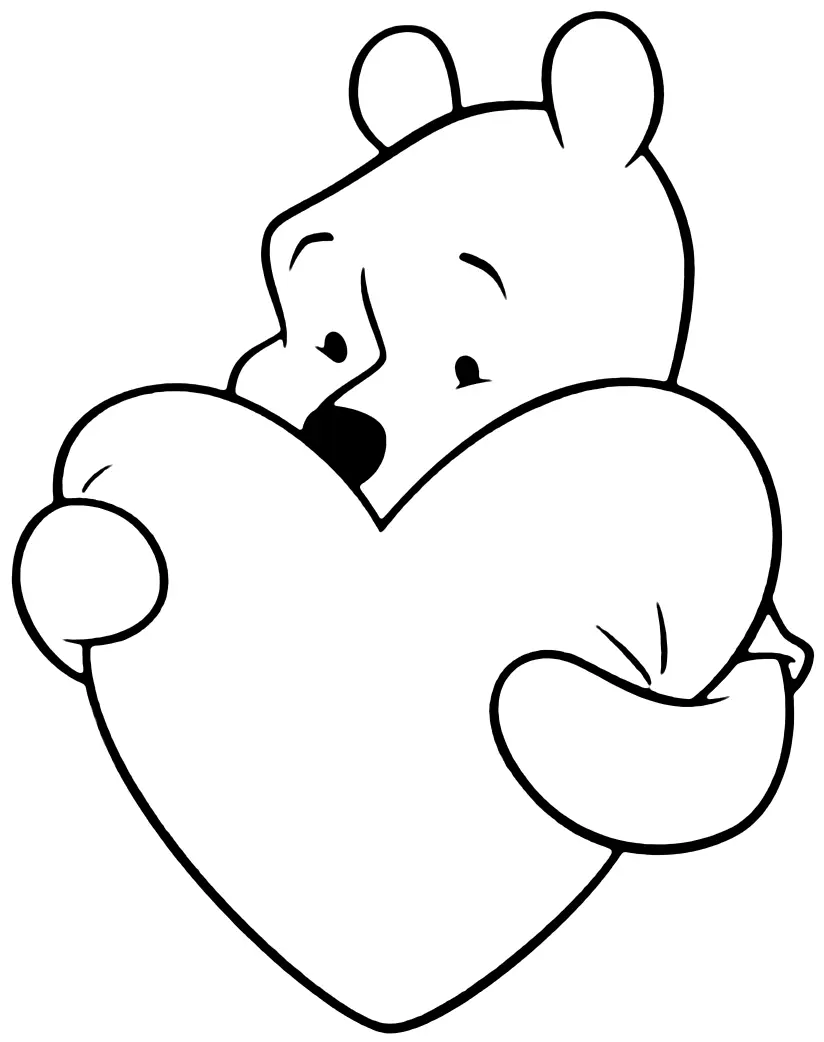 Coloriage Winnie l'Ourson avec grand cœur - Saint-Valentin à imprimer