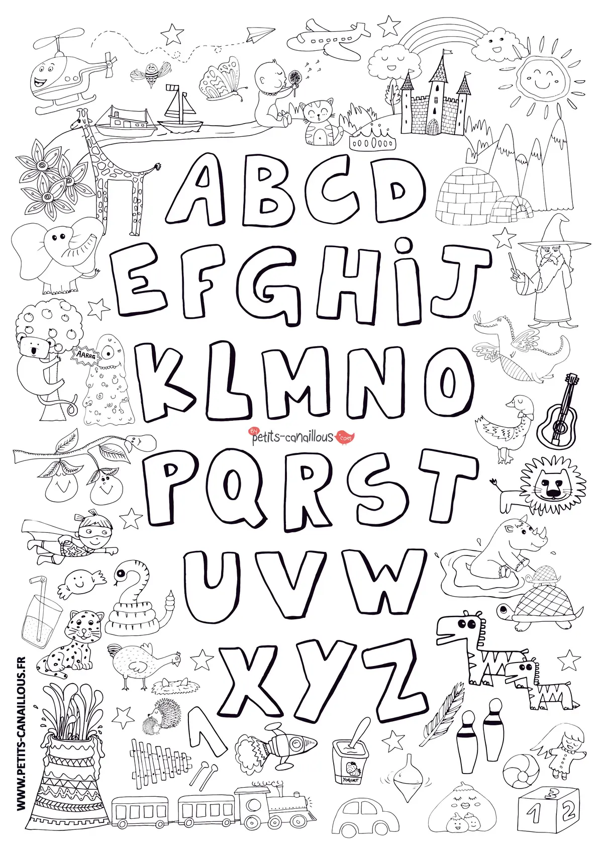 Illustrated Alphabet ABC coloring page to print