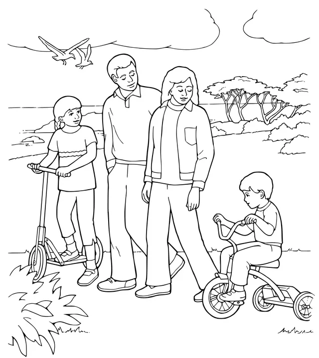 Coloriage Activite De Famille Au Parc Vélo - Famille à imprimer