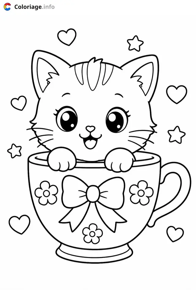 Coloriage Adorable Chaton mignon dans une tasse - Chaton mignon à imprimer