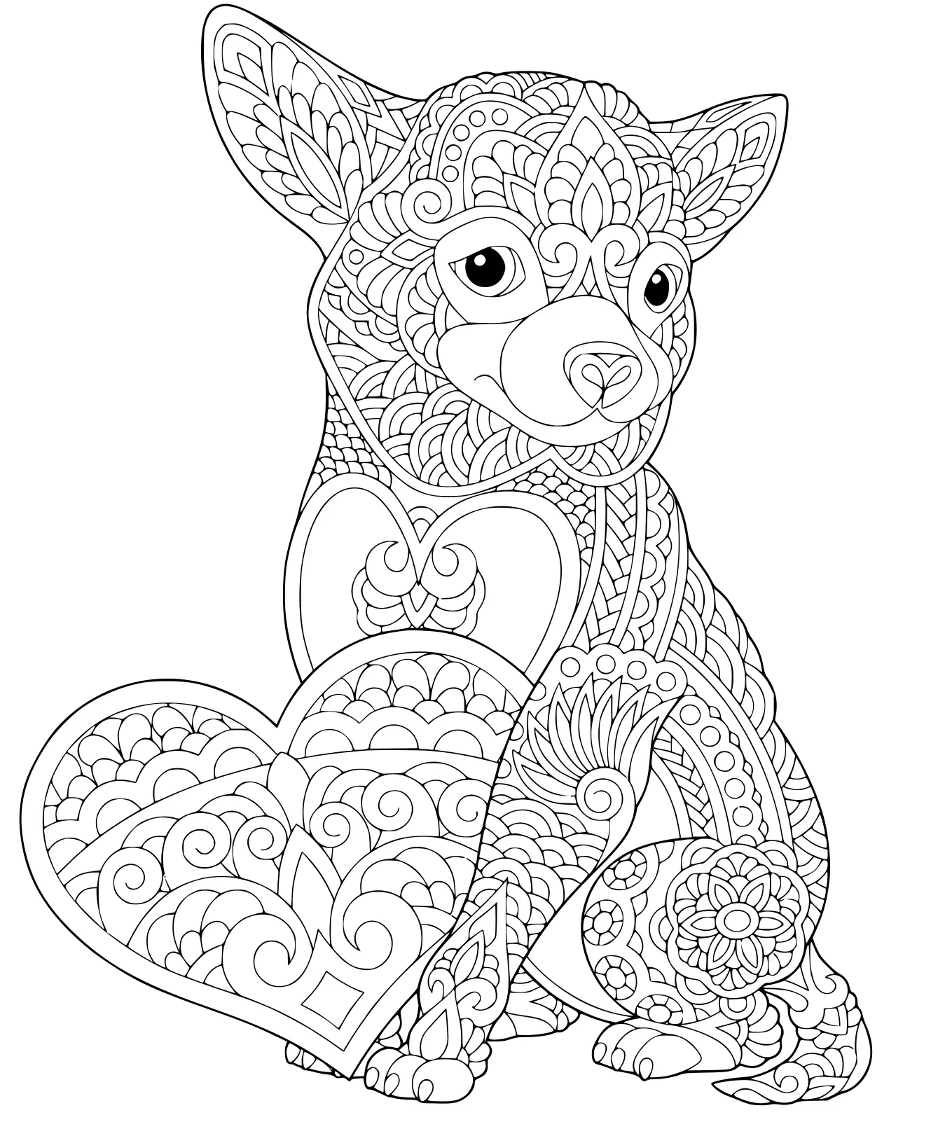 Coloriage Adorable Chien Avec Un Cœur Antistress Adulte - Saint-Valentin à imprimer