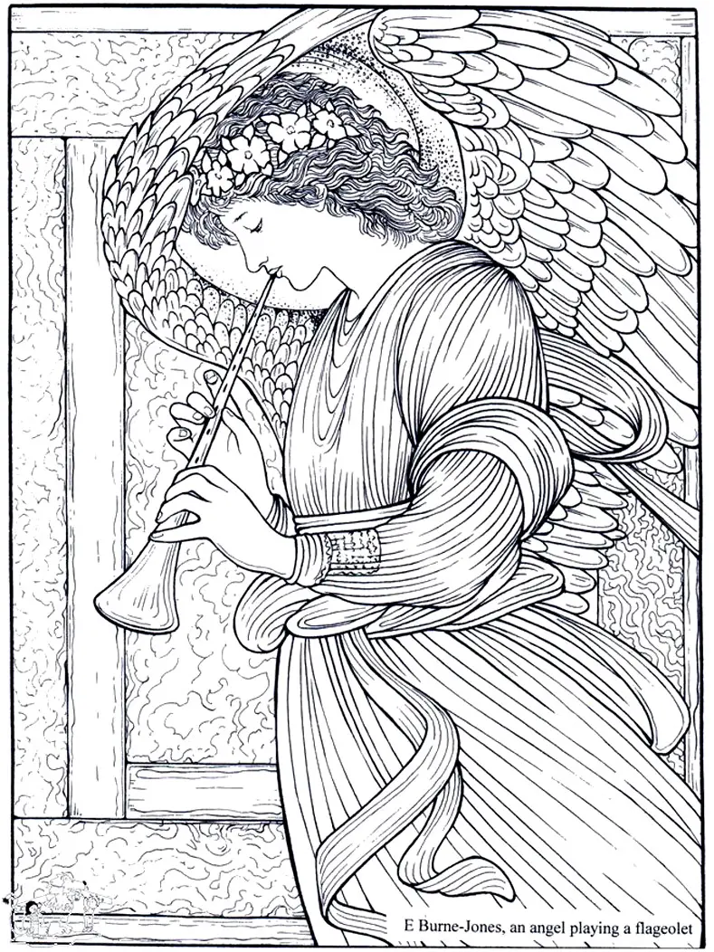 Coloriage Adult Burne Jones An Angel Playing A Flageolet - Art à imprimer